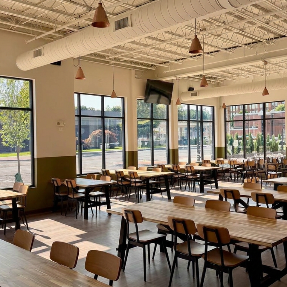 Bright, spacious restaurant dining room with wooden tables, chairs, pendant lights, exposed ductwork, large windows, and wall-mounted televisions.