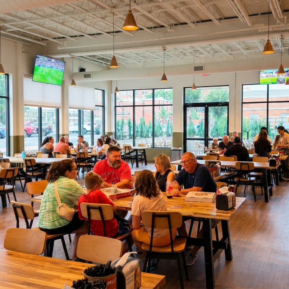 Bright casual restaurant dining room with families and groups at wooden tables, televisions showing sports, and large windows.