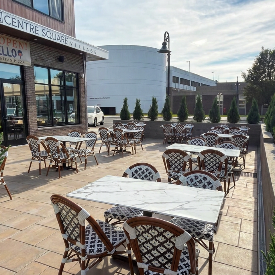 Outdoor restaurant patio with patterned chairs, marble tables, greenery, and TuVello Neo-Sopotoan pizza signage at Centre Square Village.